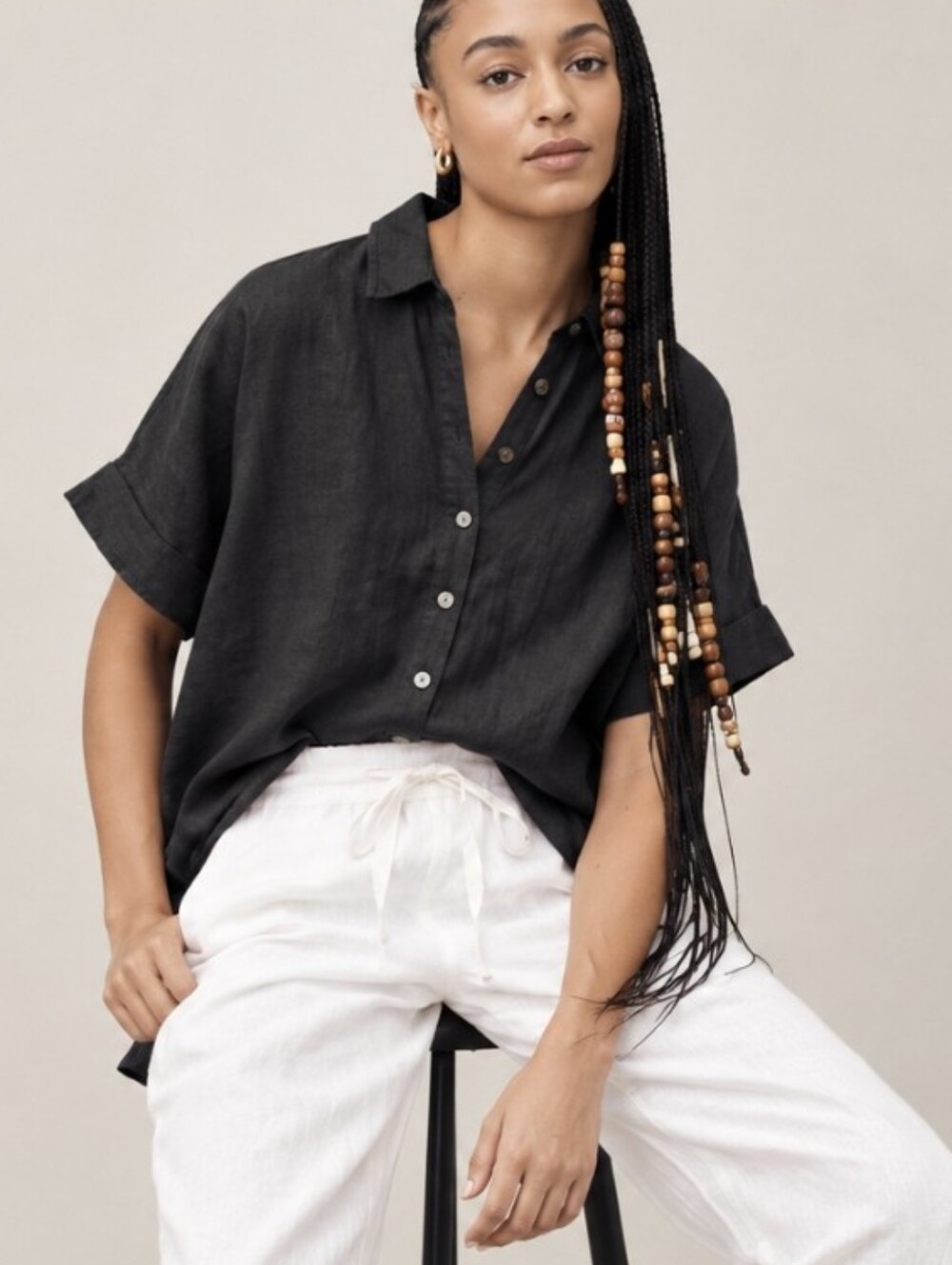 J Crew Baird McNutt Irish Linen Button Up Shirt Black Short Sleeve Women's Sz XL